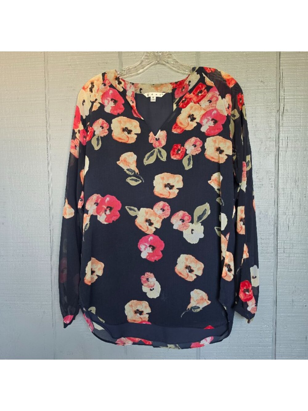 Cabi Floral Blouse Navy Sheer Long Sleeve Popover Top Women's. Size S